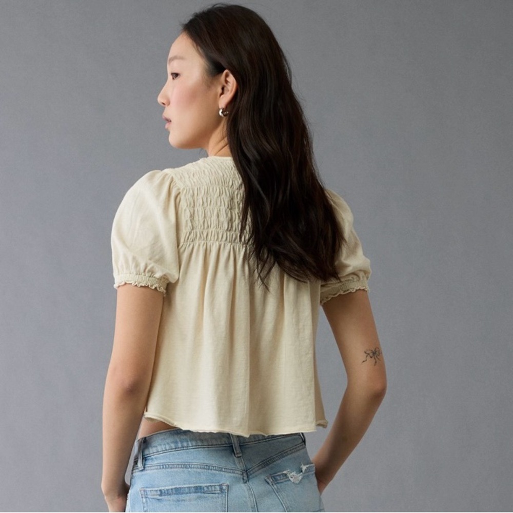 American Eagle Outfitters Cream Smocked Blouse